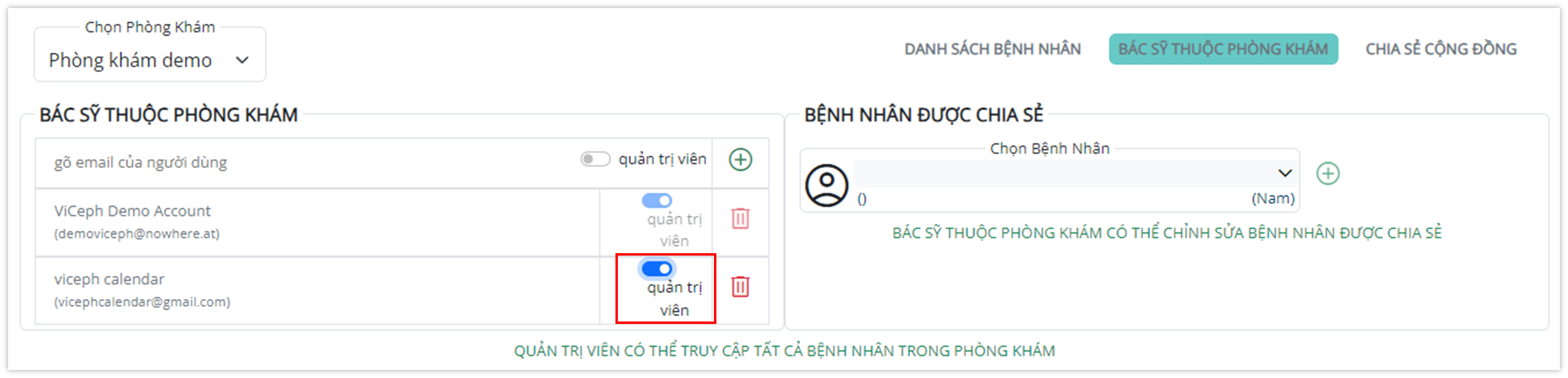 Cập nhật thông tin bác sĩ thuộc phòng khám - Quản trị viên - Kích hoạt