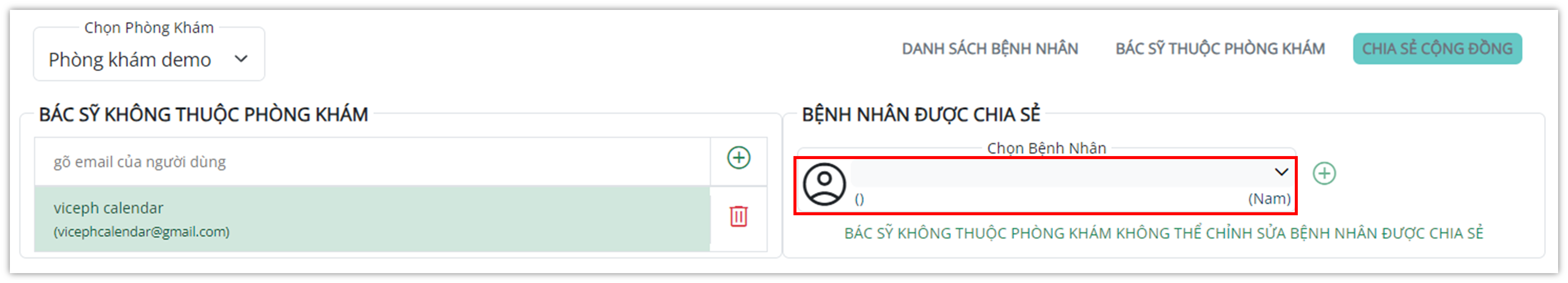 Chia sẻ bệnh nhân tới bác sĩ không thuộc phòng khám - Chọn bệnh nhân