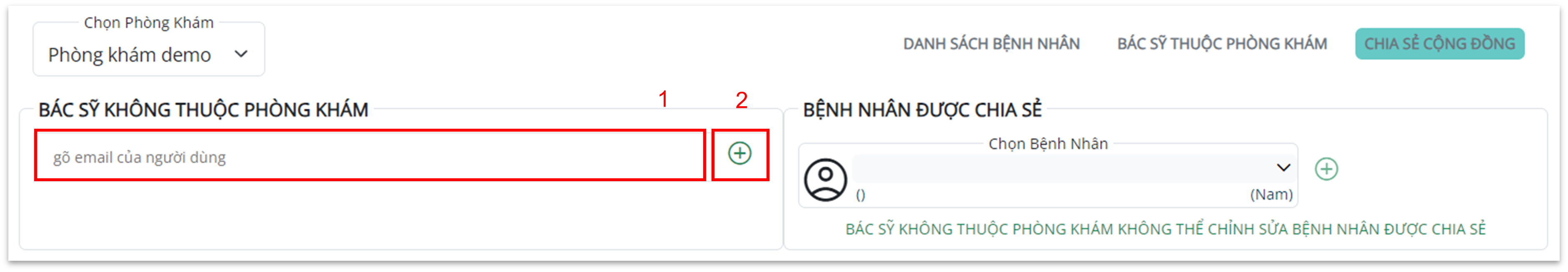 Chia sẻ bệnh nhân tới bác sĩ không thuộc phòng khám - Tìm theo email