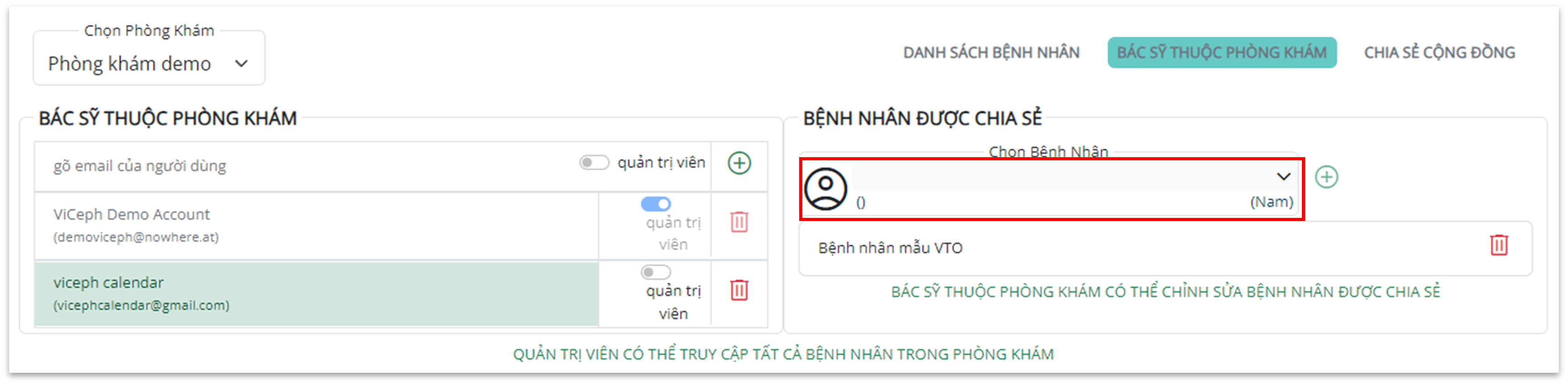 Chia sẻ bệnh nhân tới bác sĩ thuộc phòng khám - Chọn bệnh nhân