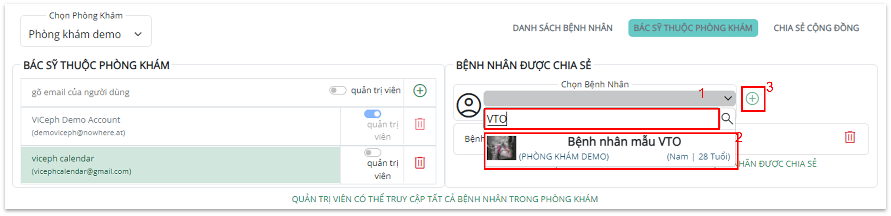 Chia sẻ bệnh nhân tới bác sĩ thuộc phòng khám - Tìm bệnh nhân