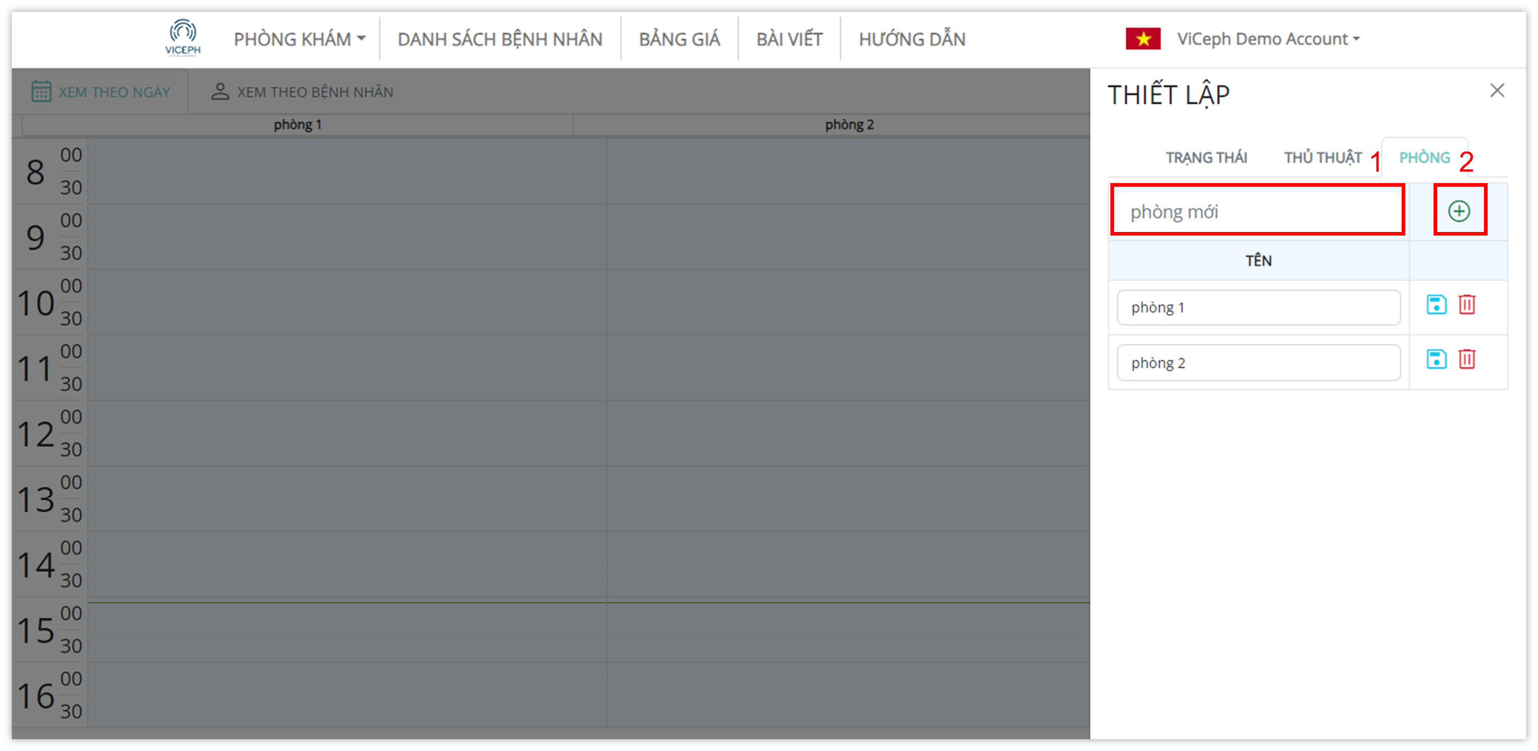 Lịch hẹn phòng khám - Thiết lập - phòng mới