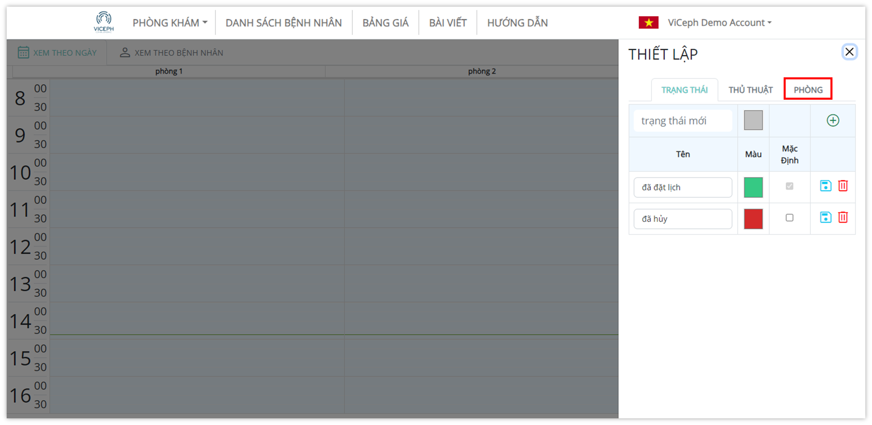 Lịch hẹn phòng khám - Thiết lập - phòng