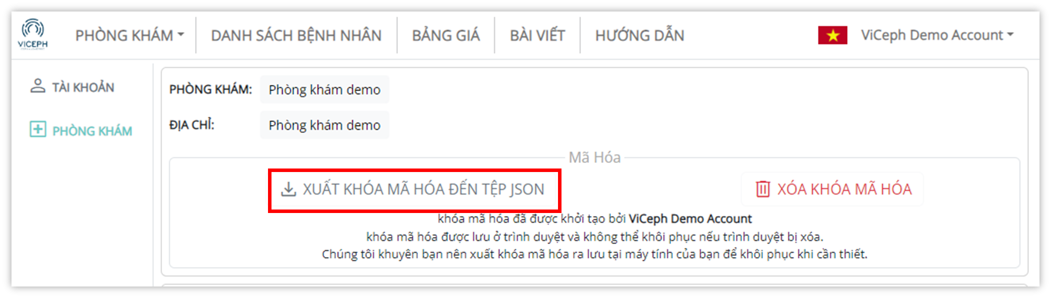 Mã hóa dữ liệu bệnh nhân - Xuất khóa ra JSON